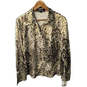 Kasper Silky Button Up Blouse Top Shirt Animal Print Size 18 Gold Cream Brown Nw